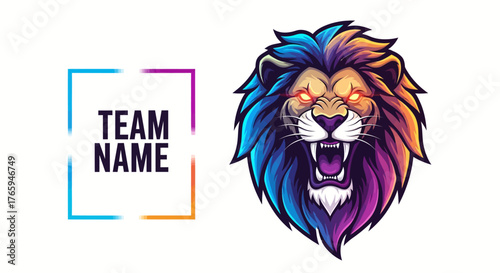Fierce roaring lion mascot with vibrant, glowing eyes and colorful mane, perfect for esports teams and gaming brands