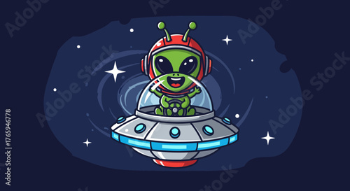 Joyful cartoon alien pilot enthusiastically steering a flying saucer through a starry galaxy, perfect for kids' themes and whimsical designs.