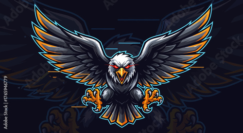 Fierce eagle mascot with glowing eyes and powerful wings ready for action, representing strength and dominance in modern esports and branding