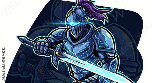 Futuristic knight in glowing blue armor wields a radiant energy sword, ready for digital battle in a cyberpunk realm