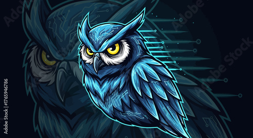 Striking cybernetic owl with glowing neon circuit patterns and piercing yellow eyes, symbolizing wisdom and futuristic technology