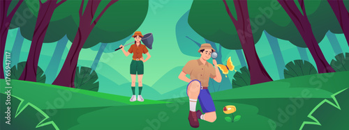 Two entomologists study insects in the forest with a net and magnifying glass.