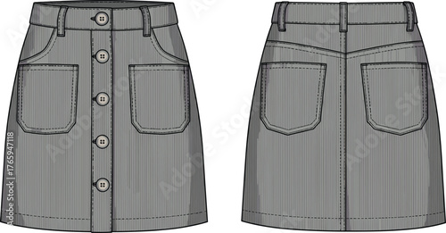 Denim skirt flat sketch, women’s fashion technical drawing, front and back view, button-down closure, patch pockets, A-line silhouette, garment construction design