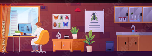 Entomological laboratory vector flat interior, entomologist exploring insects, examine and study bugs on computer desk