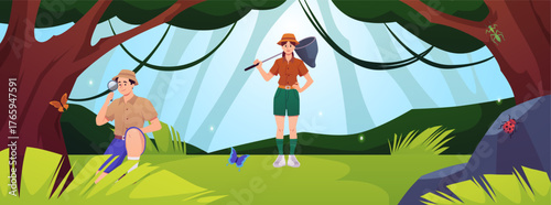 Entomologist with magnifying glass and butterfly net, vector scientist characters exploring insects and studying nature
