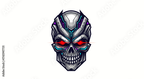 Intense cybernetic skull with glowing red eyes and futuristic circuitry, a powerful symbol of technology and danger