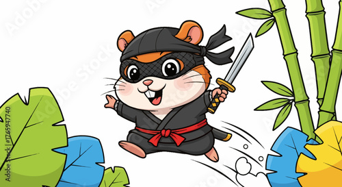 Energetic cartoon hamster ninja leaps with sword, ready for action amidst lush bamboo and vibrant leaves, perfect for playful designs.