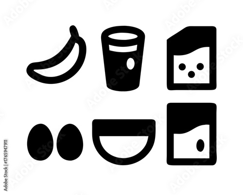 Collection of six black and white food icons