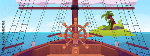 A view of the deck of an old wooden ship with a steering wheel, mast, and sails.