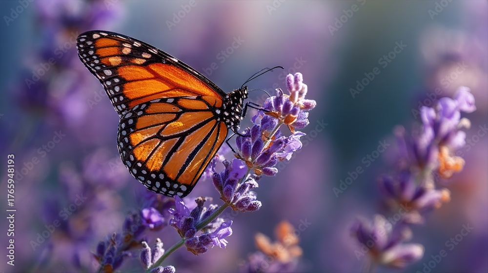 Obraz premium A close-up of a butterfly resting on a flower with purple hues in the foreground and an out-of-focus background