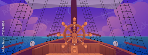 Sail boat bridge, helm view, vector cartoon pirate ship deck sailing in sea, wooden boat with steering wheel at night