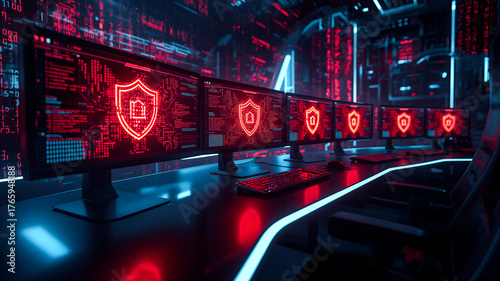 Advanced cybersecurity control room with multiple monitors displaying digital shields and data protection interfaces, symbolizing network defense and cyber threat prevention.