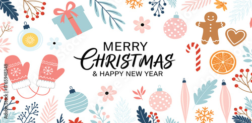 Festive Christmas Banner with Ornaments, Mittens, and a Gingerbread Man. Happy New Year Greeting
