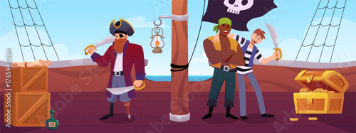 Wooden ship deck with pirates, a mast with a black flag featuring a skull, crates, and treasure.