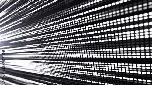 Animation of an LED or pixel panel, where bright stripes of black and white light create the effect of movement and energy. Depth and dynamic lines emphasize the technology and rhythm of the digital