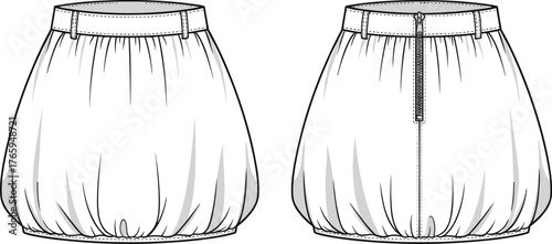 Balloon skirt flat sketch, women’s fashion technical drawing, front and back view, gathered hem, voluminous silhouette, garment construction illustration