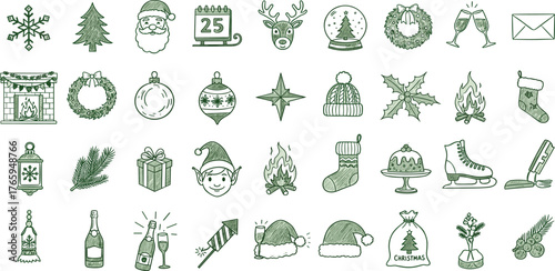 Collection of Festive Christmas and New Year Icons for Holiday Design and Decorations