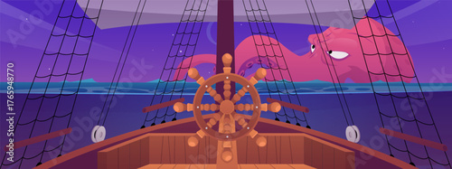 Sail wooden boat bridge helm with giant octopus monster with tentacles view, vector cartoon pirate ship sailing in sea