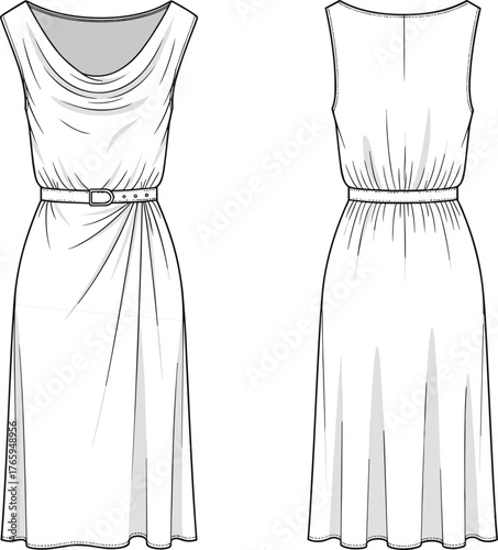 Cowl neck dress flat sketch, women’s fashion technical drawing, front and back view, belted waist, asymmetrical draping, garment construction illustration