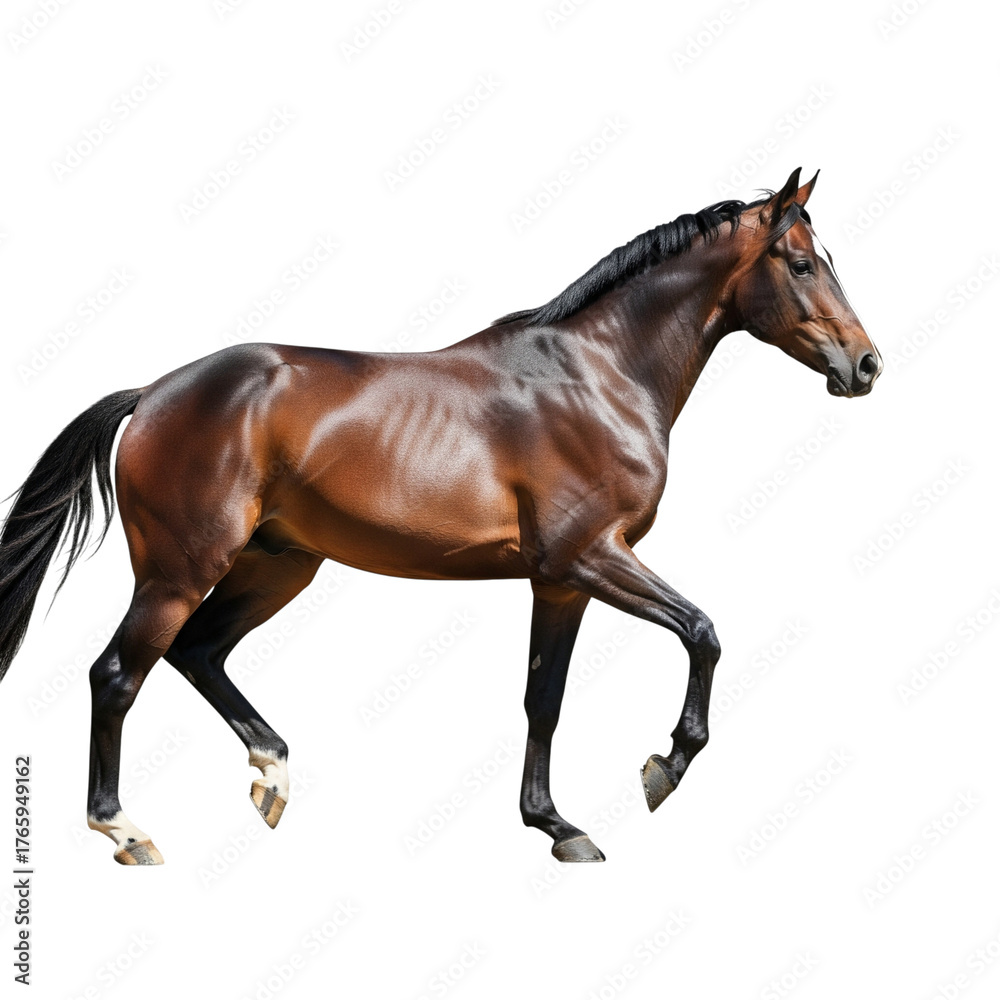 Obraz premium Beautiful brown horse walking isolated on transparent background in studio shot