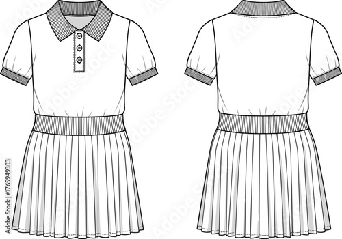 Pleated dress flat sketch, women’s fashion technical drawing, front and back view, collared neckline, button placket, structured silhouette, garment construction illustration