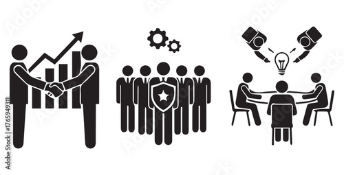 Business collaboration and teamwork concept with icons representing growth strategy team unity and innovative idea generation in a meeting