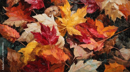   A monochromatic painting featuring a group of leaves against a dark backdrop, with vibrant shades of red, yellow, and green foliage in the focal point