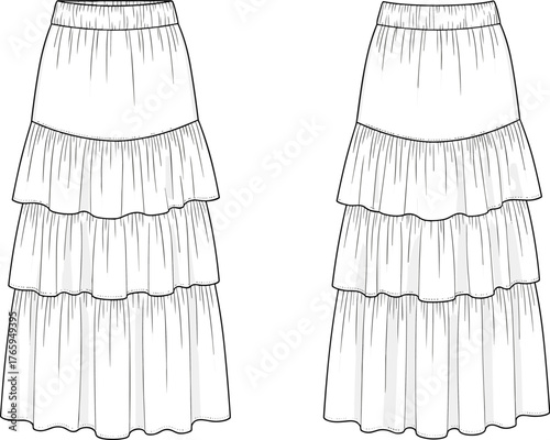 Tiered skirt flat sketch, women’s fashion technical drawing, front and back views, gathered layers, flowing silhouette, garment construction, pattern making illustration