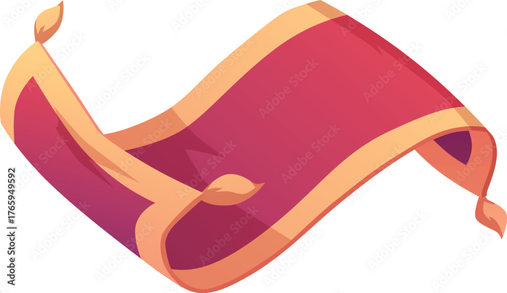 Naklejka premium A rectangular red flying carpet with gold stripes along the edges and tassels on the corners.