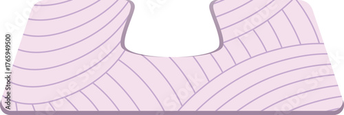 A soft bath mat, under the toilet, purple with a striped pattern.