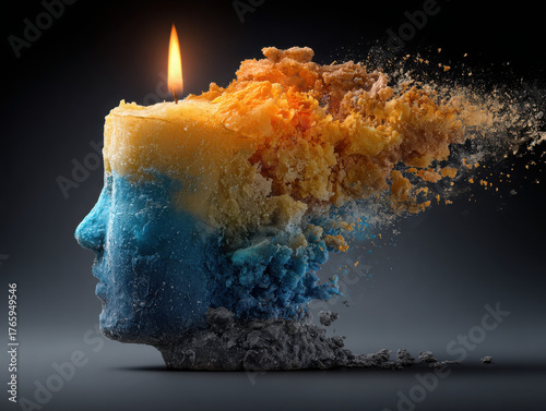 Symbolic representation of Alzheimer's disease depicted as a candle burning inside a human head, highlighting the slow decline of memory and identity