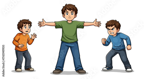 Brave boy bravely mediates between two arguing friends, showing empathy and understanding in a conflict resolution moment.