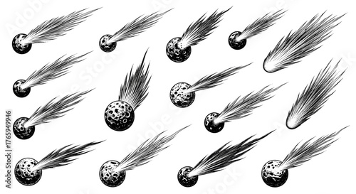 Dynamic collection of meteors and comets streaking across the sky, perfect for cosmic themes and space exploration visuals.