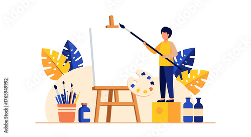 Vibrant artist creating masterpiece on canvas with colorful palette and brushes, inspiring creativity and passion