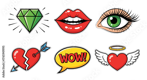 Vibrant pop art icons featuring a sparkling diamond, luscious lips, an expressive eye, a broken heart with arrow, a 'WOW!' speech bubble, and a heart with wings.