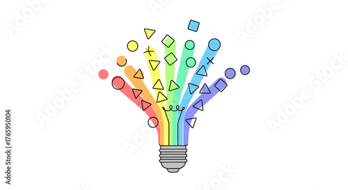 Vibrant rainbow lightbulb explodes with colorful geometric shapes symbolizing creativity and innovation for bright ideas
