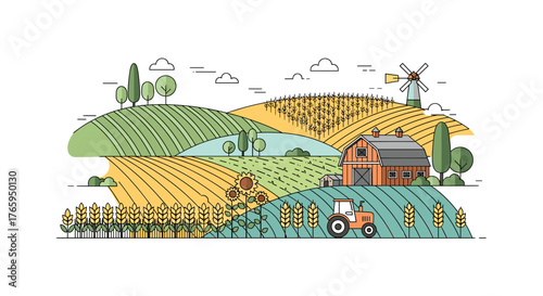 Charming rural landscape with vibrant crops, classic barn, and tractor, perfect for agricultural marketing or countryside themed designs