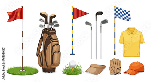 Master your game with this essential golf equipment collection featuring clubs, bag, flags, ball, tee, polo shirt, visor, gloves, and cap