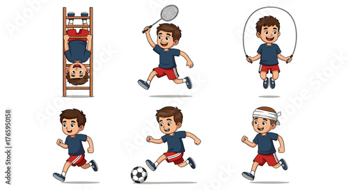 Energetic child actively engaged in diverse sports and playful activities, showcasing fun and healthy childhood recreation