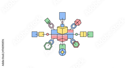 Dynamic abstract network diagram connecting colorful geometric nodes and shapes representing complex systems and data flow for technology concepts