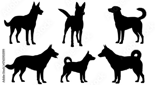 Dynamic dog silhouettes showcase various breeds and poses, perfect for animal lovers and pet-related projects