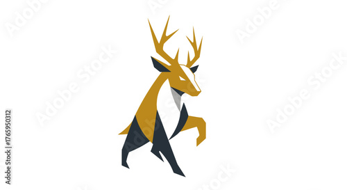 Stylized illustration of a golden deer with geometric shapes on a white background.