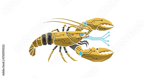 A futuristic robotic lobster with intricate circuitry and glowing blue accents, symbolizing advanced technology and artificial intelligence.