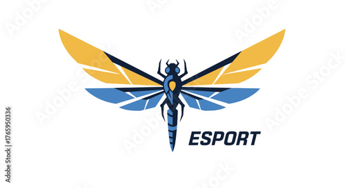 A modern esports logo featuring a stylized blue and yellow winged insect on a white background.