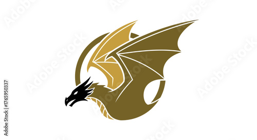 A stylized illustration of a dragon with outstretched wings and a circular background.