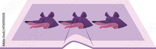 Rug with dog muzzles print, vector cartoon pets lilac carpet, cozy home textile decorative interior neat mat isolated