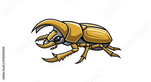 Detailed cartoon illustration of a golden stag beetle with large mandibles on a white background.