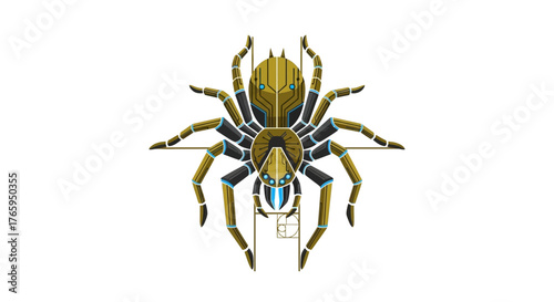 A symmetrical illustration of a futuristic robotic spider with gold, black, and glowing blue details.