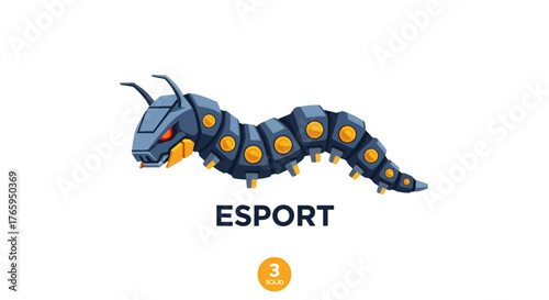 Cartoon centipede with yellow accents and the word "ESPORT" below it.
