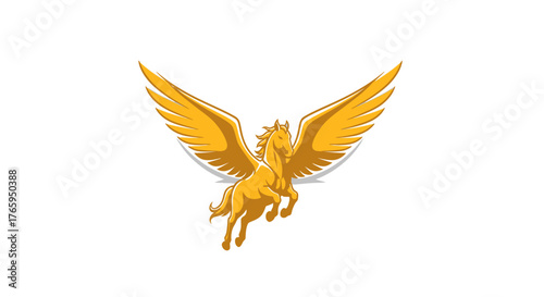 A majestic golden Pegasus, the mythical winged horse, depicted in a dynamic pose with its wings spread wide against a clean white background.